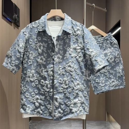 夏季男士潮牌立体提m花时尚套装情侣款休闲百搭短袖衬衫短裤两件