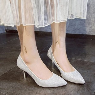 水晶高跟鞋 脚宽z胖伴娘礼服细跟尖头显瘦单晚宴年会 女中跟5cm大码