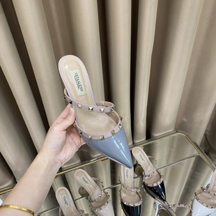 夏季铆钉尖头高跟鞋女气质百搭一字带包头凉拖鞋外穿柳钉细跟半拖