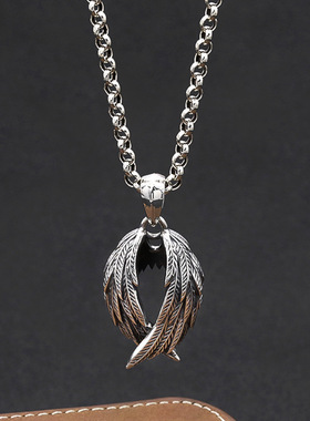 复古天使之翼项链n男女纯银翅膀吊坠个性做旧圆环链情侣银饰品