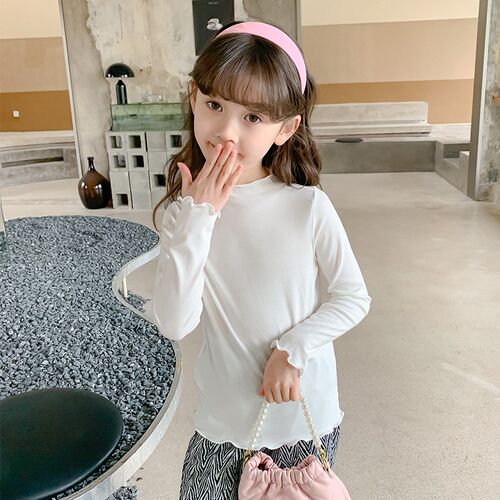 女童白色打底衫儿童裙子内搭秋季花边半领长袖紧身U纯色上衣打底