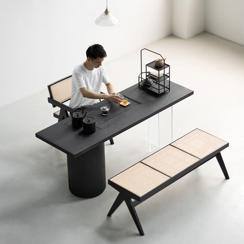 现代简约黑色实木阳台茶桌白蜡木会客洽谈桌烧水壶一Z体家用茶台