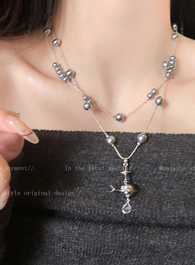 飞船灰色珍珠吊坠项m链女小众独特个性毛衣链高级感叠戴长款卫衣