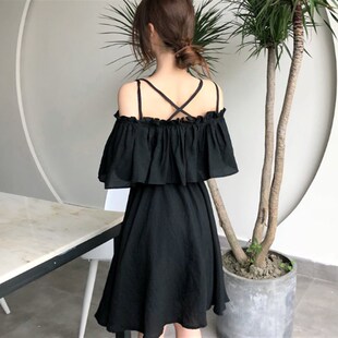 两穿夏季短款雪纺吊带连衣裙女露肩收腰显瘦韩版裙子女2层仙女裙