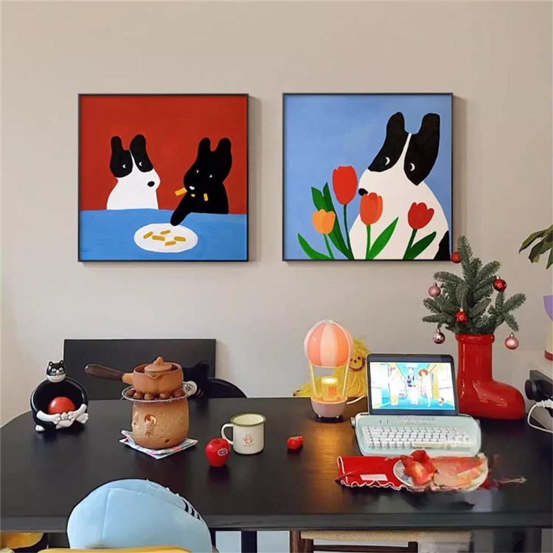 多巴胺客厅装饰画卡通小狗红色正方形餐厅壁画儿童房卧室床头挂画图片