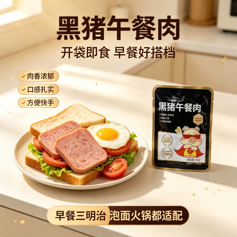黑猪肉午餐肉独立片装拌面泡面