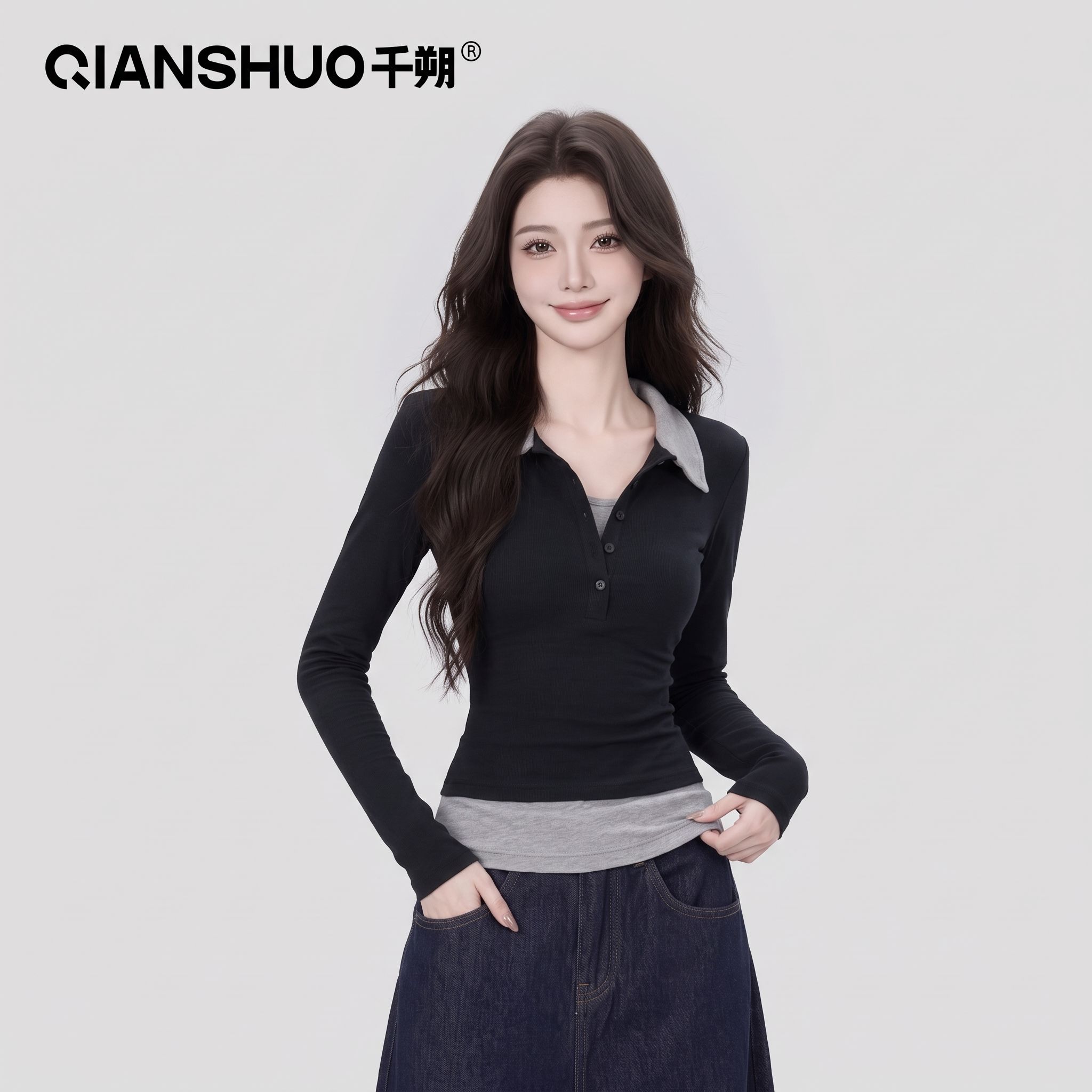 千朔韩系初秋假两件翻领撞色长袖T恤女修身显瘦polo衫V领单穿上衣