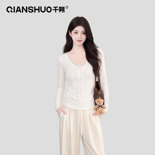 千朔韩系V领蝴蝶结长袖T恤显瘦女