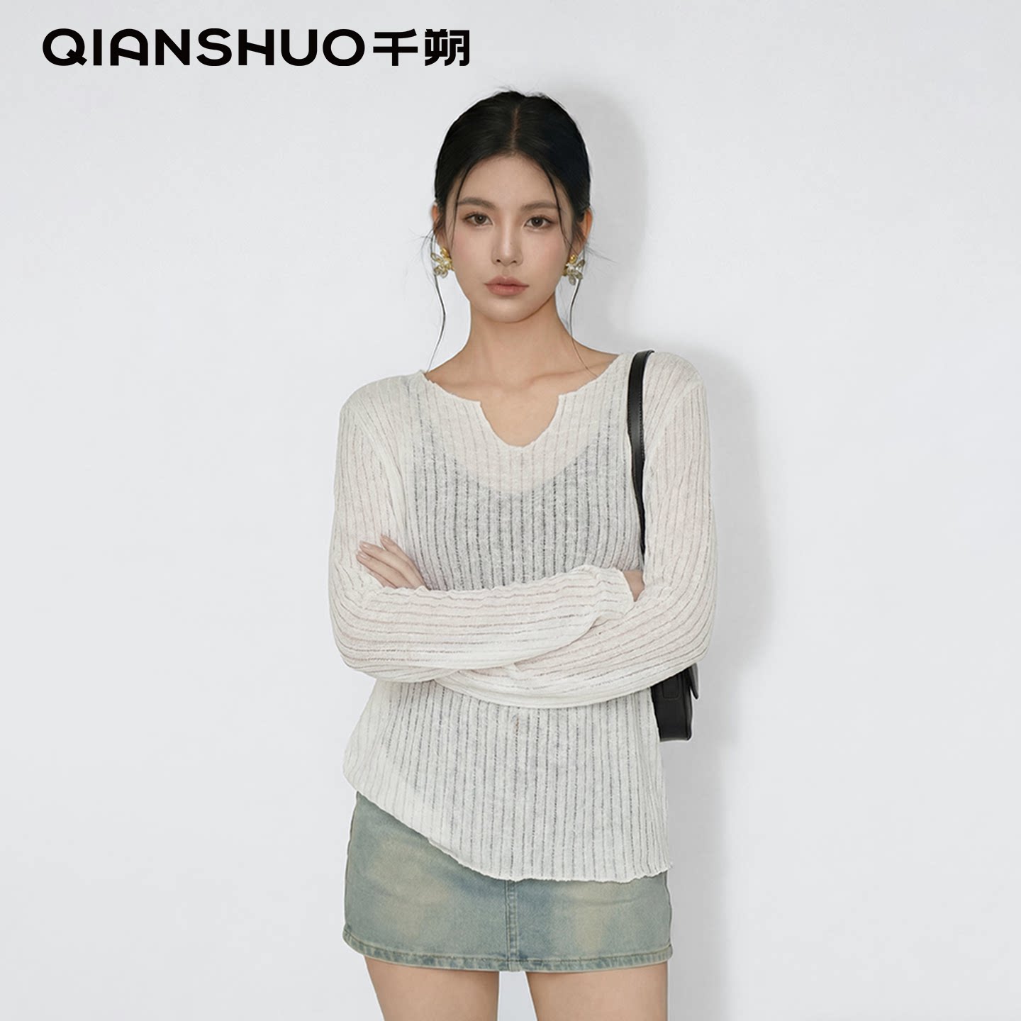千朔夏季防晒亚麻冰丝长袖T恤女图片