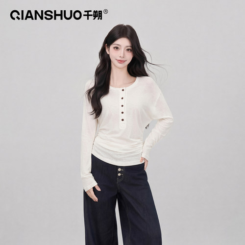 千朔韩系亨利领显瘦长袖T恤上衣