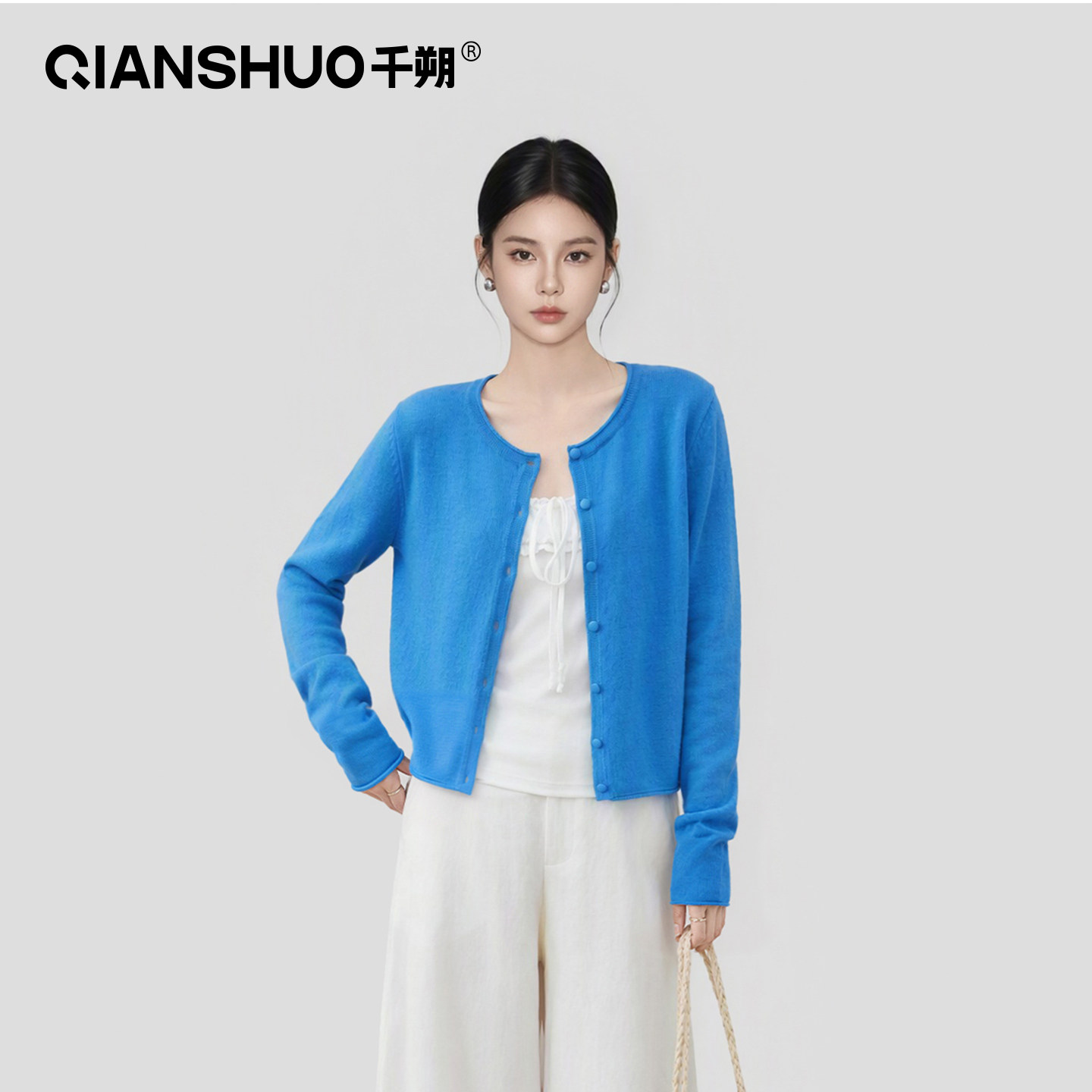 千朔100%绵羊毛蓝色针织开衫长袖纽扣外套女秋冬宽松显瘦韩系上衣