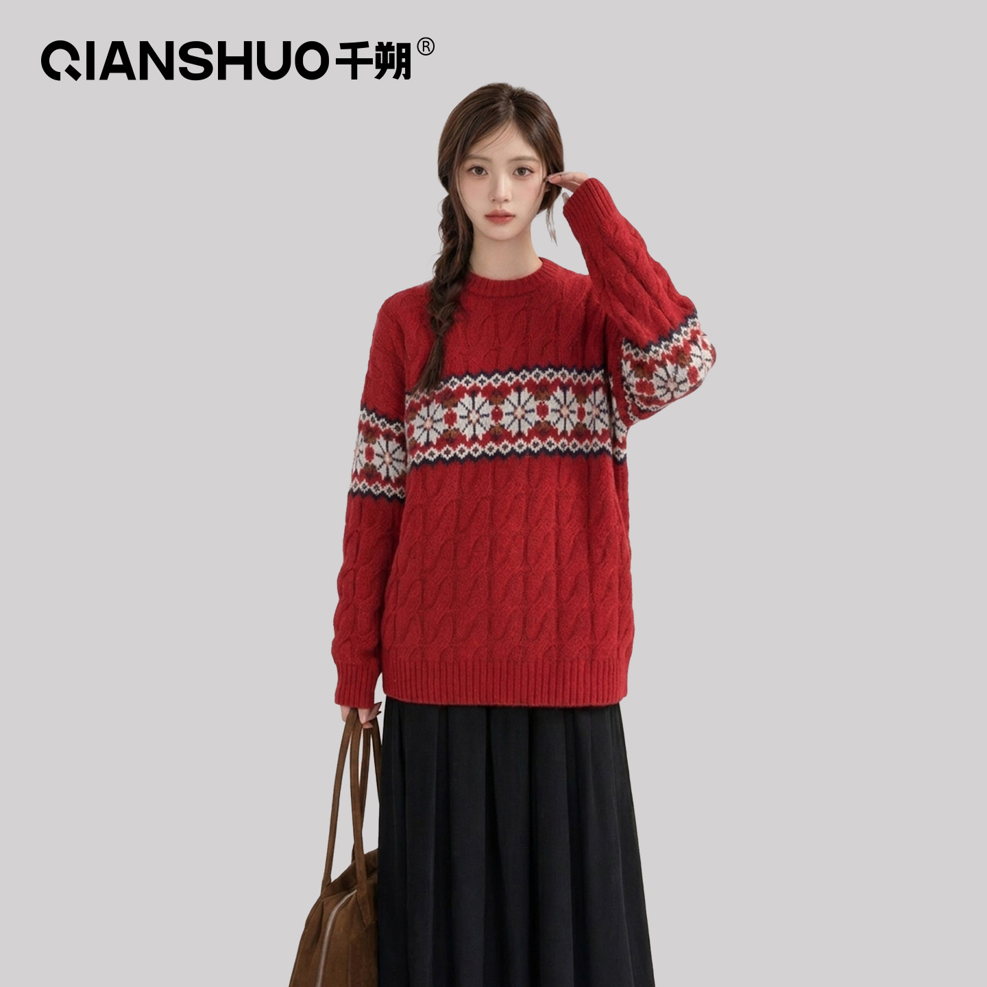 千朔100%绵羊毛费尔岛圆领毛衣女