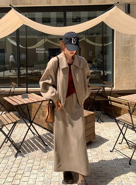 NAZ那子大码早秋新款微胖复古休闲夹克外套胖mm长短裙设计感套装