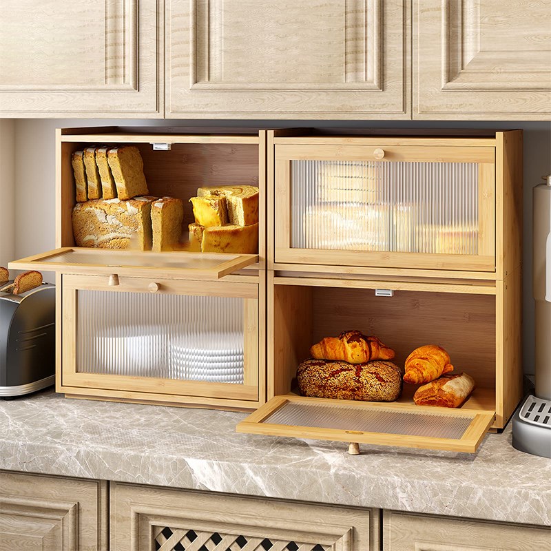 面包收纳箱厨房功能杂物箱楠竹子面包箱收纳盒桌面烘焙收纳展示柜