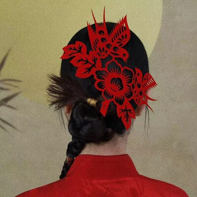 糊涂娘娘新中式新娘剪纸头饰结婚红色比翼双飞绒布婚礼服古典配饰