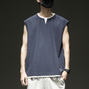 重L磅宽松休闲运动无袖 美式 体恤 新款 假两件拼接V领坎肩背心男夏季