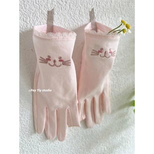 防晒手套可触屏春夏透气开车防滑分指 纯棉刺绣 feytiy 可爱猫咪o