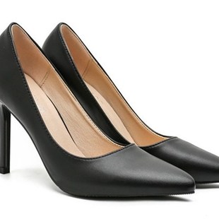 女黑色e细跟中跟低跟职业羊皮高跟舒适皮鞋 正装 大码 工鞋 夏季