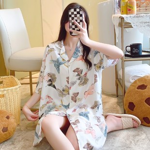 中v长款 开衫 宽松睡衣休闲学生绵绸连衣裙大 睡裙女士棉绸短袖 夏季