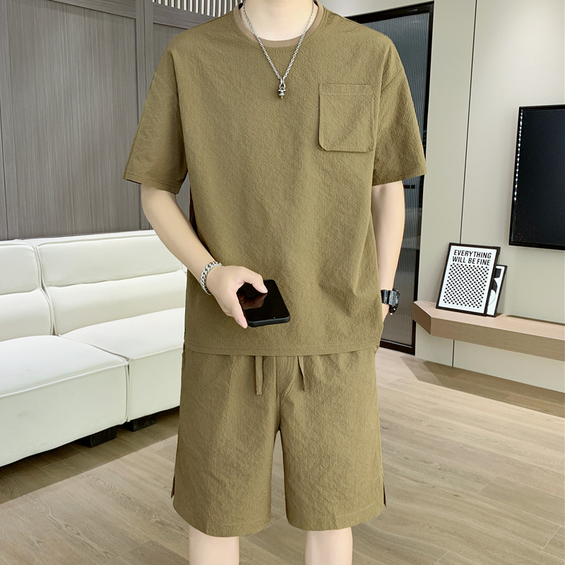 休闲运动套装男夏季新款冰丝短袖短裤一套搭配帅气高级感男装衣服