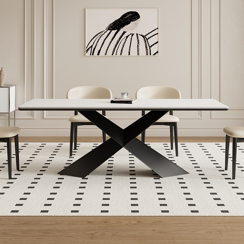 德利丰岩板餐桌家用长方形极简法式奶油中古风高端全托小户型饭桌