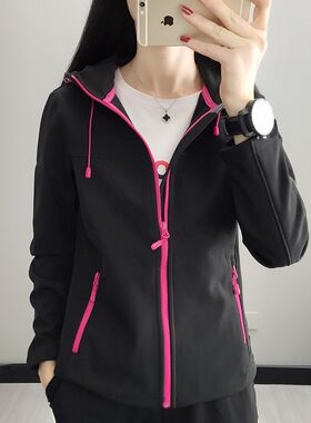 春秋户外加绒软壳外套女防风保暖上衣防水连帽弹力大码夹克风衣男