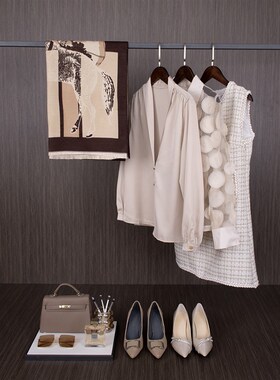 【轻奢女士衣柜】样板房衣帽间摆件米杏色包包衣服连衣裙软装饰品