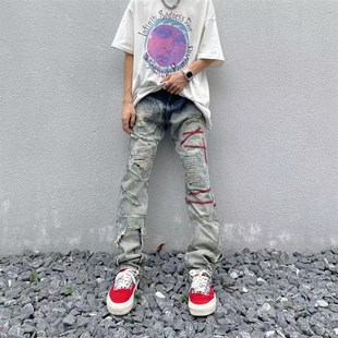 美式高街贴布fog破洞牛仔裤休闲D水洗潮设计感小众复古裤子修身男