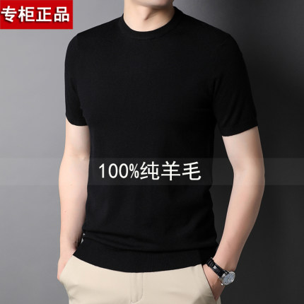 鄂尔男圆领短袖羊毛衫秋季y青年半袖毛衣T恤纯色针织打底衫