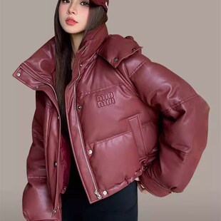 时尚韩版PU皮羽绒棉服女2023冬季新款加厚M宽松连帽短款免洗皮衣