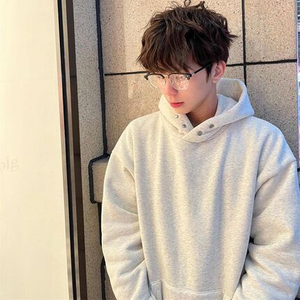 美式纯棉纽扣纯色连帽卫衣男秋冬宽松重磅L情侣加绒帽衫设计感上
