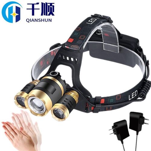 頭燈RJ-3000飞机q头头灯3T6强光头灯三头调光钓鱼led变焦