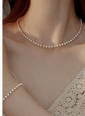 珍珠彩色串珠项链女款夏季配裙子的项链轻奢小众颈链女高级感配饰