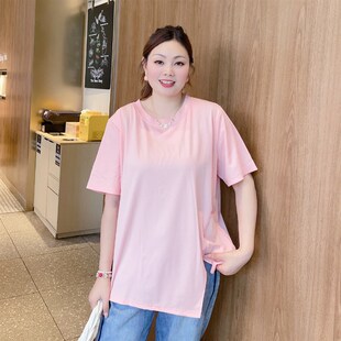 胖mm320斤时尚 2023夏装 洋气侧边开叉宽松T恤DF 女装 甜觅特大码