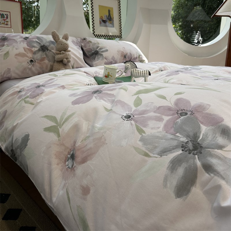 少女心紫色美式田园碎花纯棉磨毛四件套全棉被套秋冬加厚保暖床单