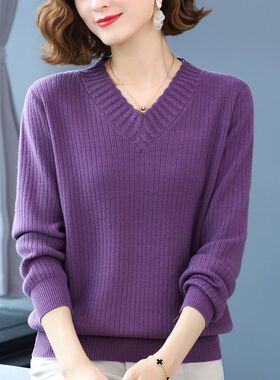 妈妈秋装打底毛衣秋冬40岁50中B年妇女显瘦上衣宽松大码V领针织衫