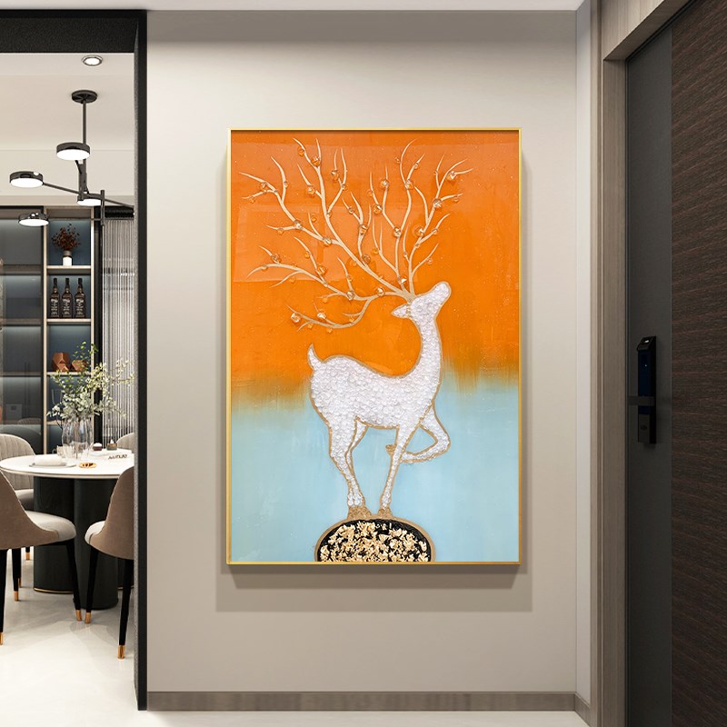 立体水晶小山鹿实j物晶瓷玄关装饰画入户过道走廊手绘原画轻奢挂图片