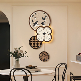 中古风客厅电视背景墙装饰画玄关入户门挂画钟表创意时钟壁灯