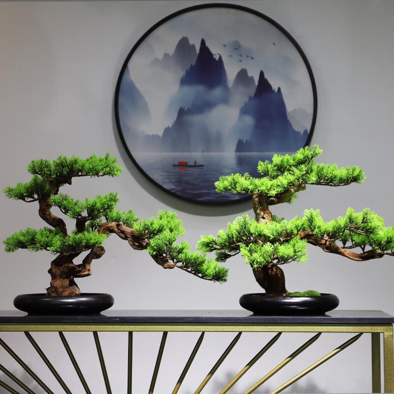 迎客松新仿真盆景客厅玄关样板间家居绿植实木饰品