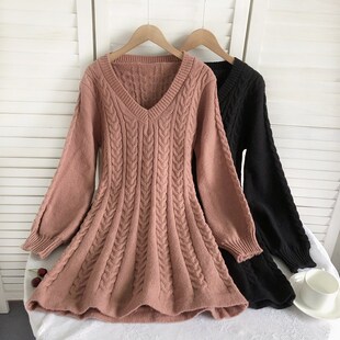 2022秋冬新款 收腰显瘦a字针织连衣裙短裙女 复古oV领麻花纹灯笼袖