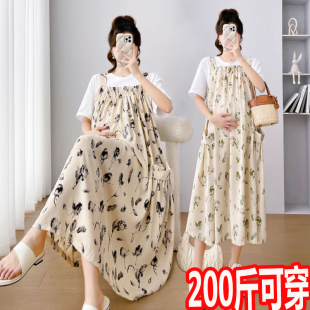 宽松过膝怀O孕期两件套装 短袖 200斤 孕妇背带碎花连衣裙夏季 超大码