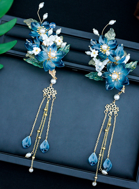 古风汉服头饰墨蓝色o长流苏边夹超仙宋制步摇发饰品侧边夹森系对