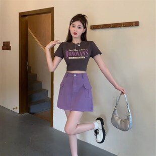 夏 显瘦短袖 实拍2025e 胖mm灰色上衣T恤女紫色牛仔半身裙两件套装