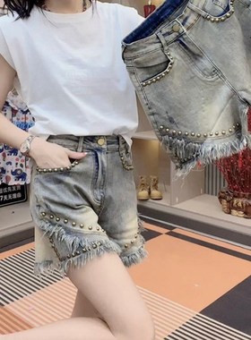 梨型身材裤子大码薄款铆钉牛仔x短裤女夏季胖mm宽松显瘦中裤五分
