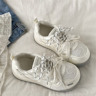 配裙子2025新款 夏季 薄款 喜叔 休闲鞋 女款 透气Z板鞋 蕾丝网面小白鞋