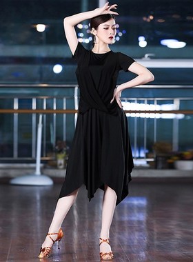 拉丁舞裙女黑色短袖连衣裙表演B出伦巴交谊舞蹈服装练功服大摆裙