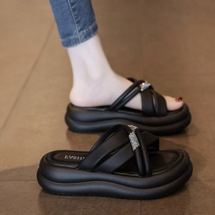 高级感厚底一字拖鞋 真皮凉拖鞋 20E25新款 外穿配裙子时尚 女 女夏季