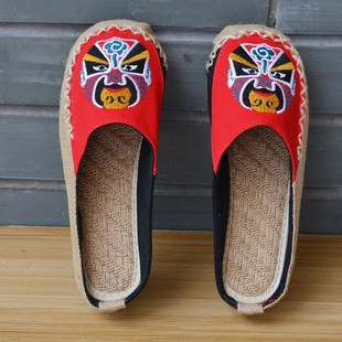 云南民族风红绿脸谱刺绣包头拖z女圆头绣花平底休闲麻鞋 孕妇拖棉
