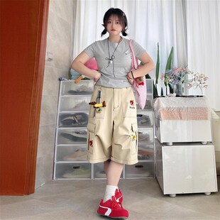 牛M仔短裤 胖mm高腰显瘦学生工装 女学院风减龄七分 女装 300斤大尺码