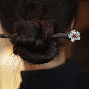 烧蓝花朵发簪日常通勤中式发饰低马尾G国风簪子檀木簪汉服后压头
